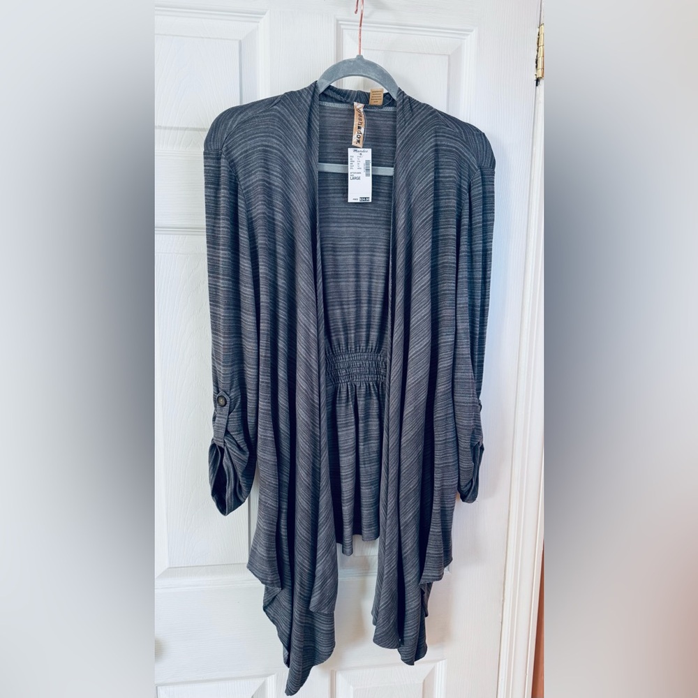 Gray Striped Eyeshadow Open Front Cardigan by Mandee / Size Large NWT